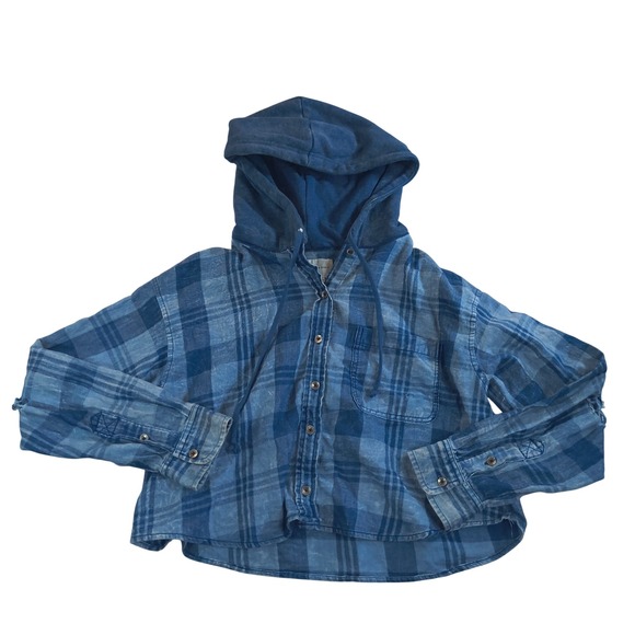 American Eagle Outfitters Tops - American Eagle Hooded Plaid Flannel Shirt SP Blue Button Up Hoodie Top